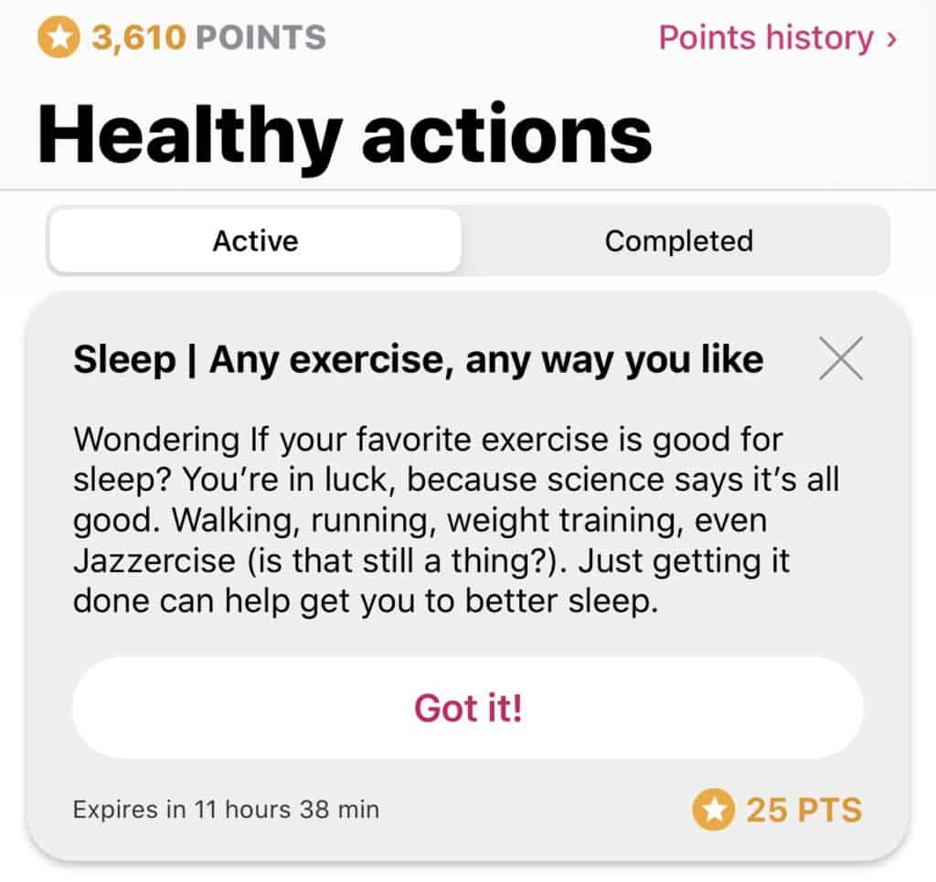 Example of a 25 point healthy action card in the aetna attain app review