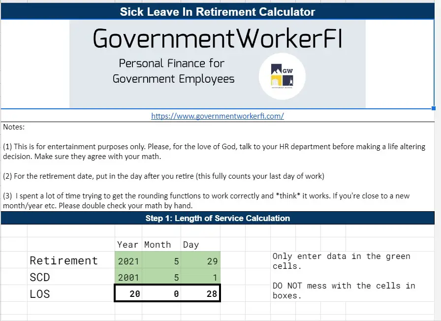 Screenshot of my federal employee sick leave in retirement calculator