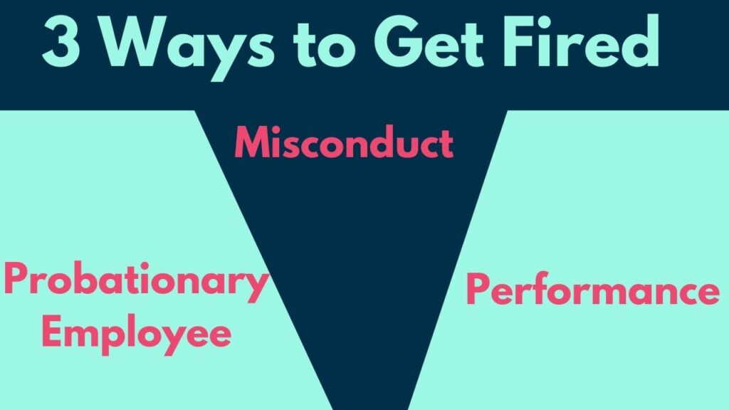 Image with text of the 3 ways to get fired from a federal job: probationary employee, misconduct, or performance.